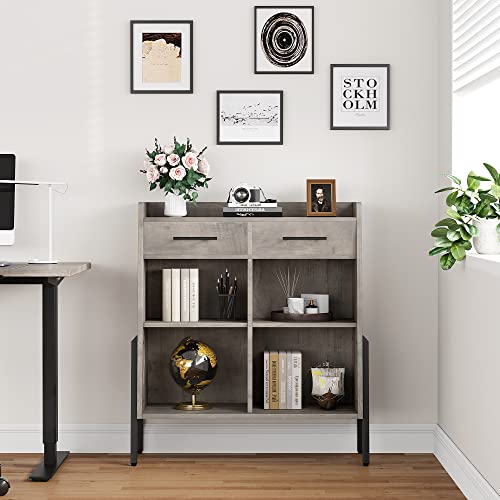 IDEALHOUSE Bookcase Horizontal Bookshelf Short Bookcases with Drawers Small Storage Shelves 4 Cube Organizer Metal Frame Wood Display Cabinet for Bedroom, Living Room, Home Office, Grey