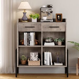 IDEALHOUSE Bookcase Horizontal Bookshelf Short Bookcases with Drawers Small Storage Shelves 4 Cube Organizer Metal Frame Wood Display Cabinet for Bedroom, Living Room, Home Office, Grey