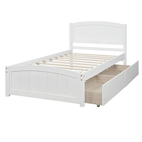 HSBD Twin Bed with Storage Drawers, Twin Size Platform Bed with 2 Drawers, Solid Wood Twin Bed with Headboard & Slat Support, No Spring Needed, Twin Storage Bed for Boys, Girls, Teens, Adults