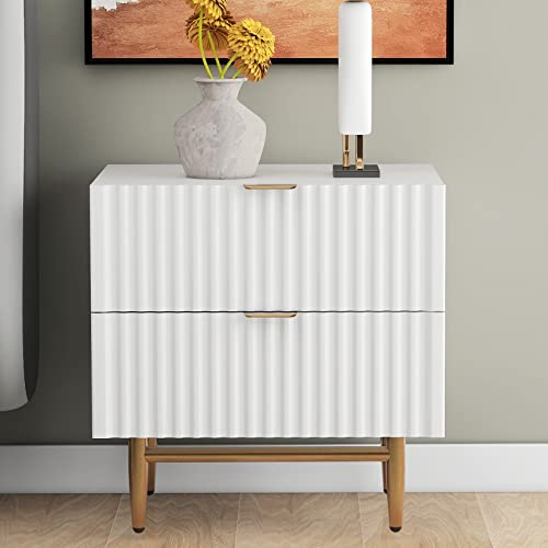 White Nightstand Set of 2 with Drawers, Bed Side Table/Night Stand, Small End Side Tables, Modern Wood Storage Bedside Tables with 2 Drawers and Golden Handle for Small Space, Bedrooms, Living Room