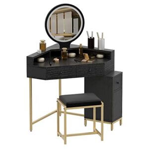 visiblesser corner vanity desk with mirror and lights, black vanity table with drawers, dressing table with 3 dimming lights, corner makeup vanity with stool