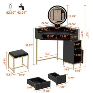 Visiblesser Corner Vanity Desk with Mirror and Lights, Black Vanity Table with Drawers, Dressing Table with 3 Dimming Lights, Corner Makeup Vanity with Stool