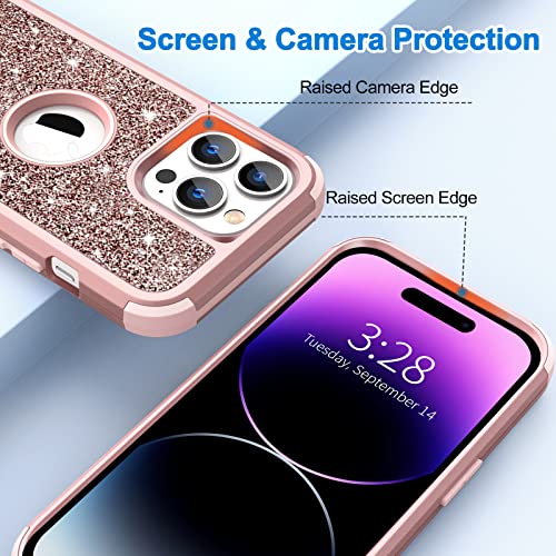 Hython for iPhone 14 Pro Max Case, Heavy Duty Full-Body Defender Protective Phone Cases Glitter Bling Sparkle Hard Shell Hybrid Shockproof/Drop Proof 3-Layer Military Rubber Bumper Cover Women Girls