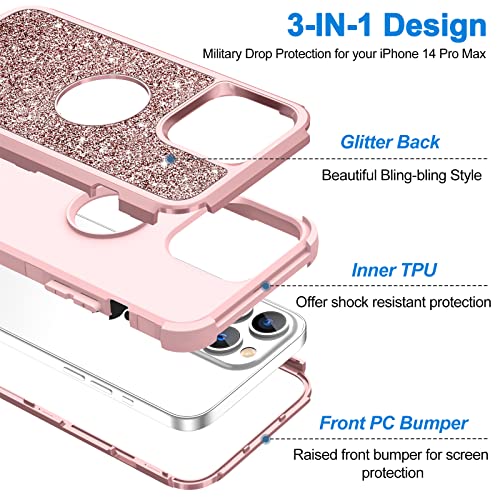 Hython for iPhone 14 Pro Max Case, Heavy Duty Full-Body Defender Protective Phone Cases Glitter Bling Sparkle Hard Shell Hybrid Shockproof/Drop Proof 3-Layer Military Rubber Bumper Cover Women Girls