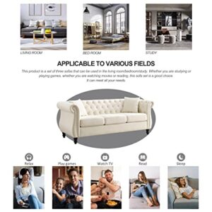 Imseigo Accent Sofa,3 Seater Chesterfield Beige Velvet Sofa, 80" Sofa Tufted Vintage Couch with Rolled Arms and Nailhead for Living Room, Bedroom, Apartment, Two Pillows (Velvet, Beige)