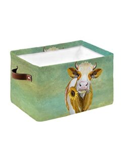 storage basket vintage cow with sunflower large foldable storage bins with handles farmhouse animal painting waterproof fabric laundry baskets for organizing shelves closet toy gifts bedroom home decor