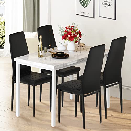 DKLGG 5 Piece Dining Table Set, Dining Table Set for 4, Kitchen Table and Chairs for 4 Breakfast Table Set for 4 Faux Marble Dining Room Table Set with PU Leather Upholstered Chairs for Small Spaces