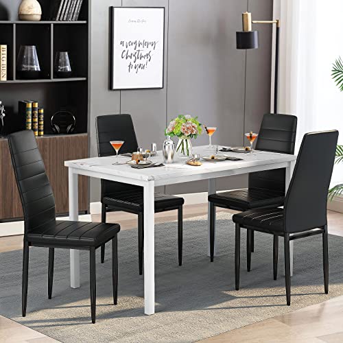 DKLGG 5 Piece Dining Table Set, Dining Table Set for 4, Kitchen Table and Chairs for 4 Breakfast Table Set for 4 Faux Marble Dining Room Table Set with PU Leather Upholstered Chairs for Small Spaces