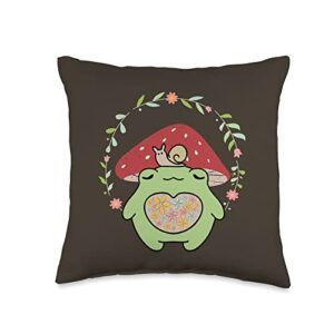 kawaii frog lover naturecore apparel cottagecore aesthetic frog with mushroom hat and snail throw pillow, 16x16, multicolor