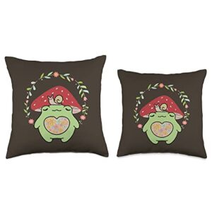 Kawaii Frog Lover Naturecore Apparel Cottagecore Aesthetic Frog with Mushroom Hat and Snail Throw Pillow, 16x16, Multicolor