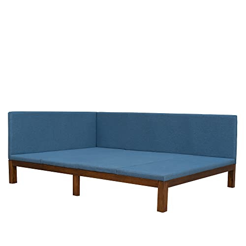 YUNYO Upholstered Full Daybed, Wood Full Size Daybed Frame with Linen Fabric,Mid-Century Full Size Bed Sofabed Frame for Bedroom, Living Room,Blue