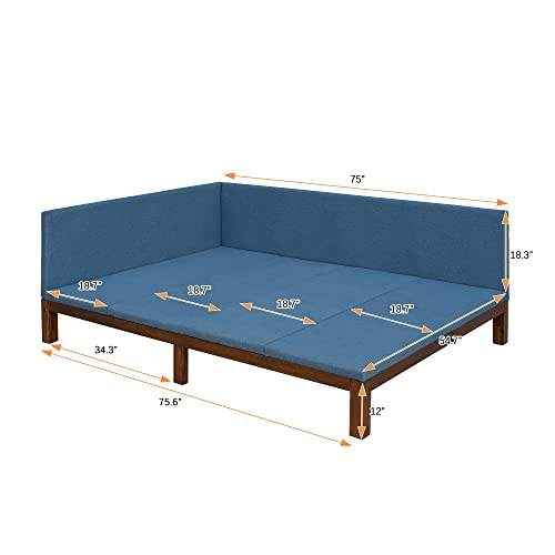 YUNYO Upholstered Full Daybed, Wood Full Size Daybed Frame with Linen Fabric,Mid-Century Full Size Bed Sofabed Frame for Bedroom, Living Room,Blue