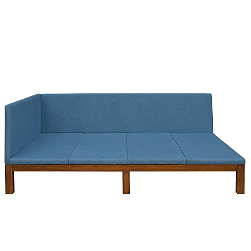 YUNYO Upholstered Full Daybed, Wood Full Size Daybed Frame with Linen Fabric,Mid-Century Full Size Bed Sofabed Frame for Bedroom, Living Room,Blue