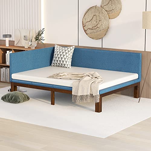 YUNYO Upholstered Full Daybed, Wood Full Size Daybed Frame with Linen Fabric,Mid-Century Full Size Bed Sofabed Frame for Bedroom, Living Room,Blue