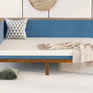 YUNYO Upholstered Full Daybed, Wood Full Size Daybed Frame with Linen Fabric,Mid-Century Full Size Bed Sofabed Frame for Bedroom, Living Room,Blue