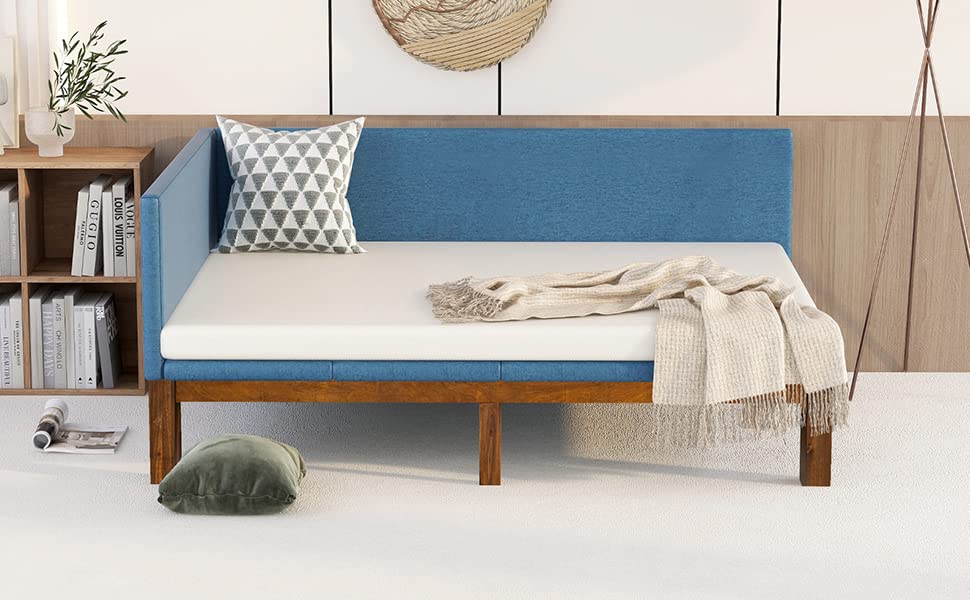 YUNYO Upholstered Full Daybed, Wood Full Size Daybed Frame with Linen Fabric,Mid-Century Full Size Bed Sofabed Frame for Bedroom, Living Room,Blue