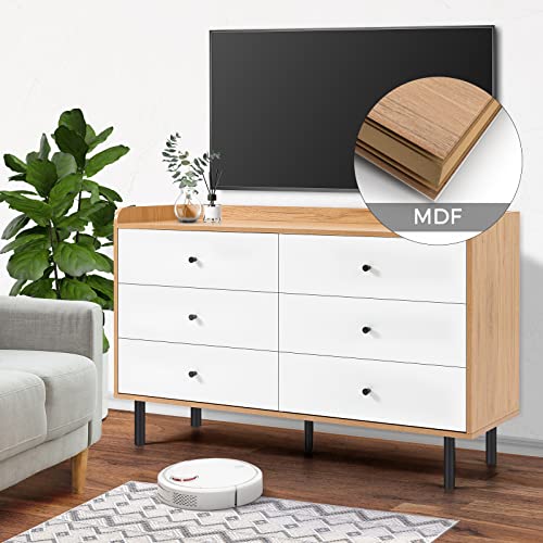 KFO Dresser for Bedroom, 6 Drawer Dresser with Metal Handle, Sturdy Frame Modern Bedroom Furniture, Chest of Drawers, Wood Dresser with Drawers for Living Room, Hallway, Children Room