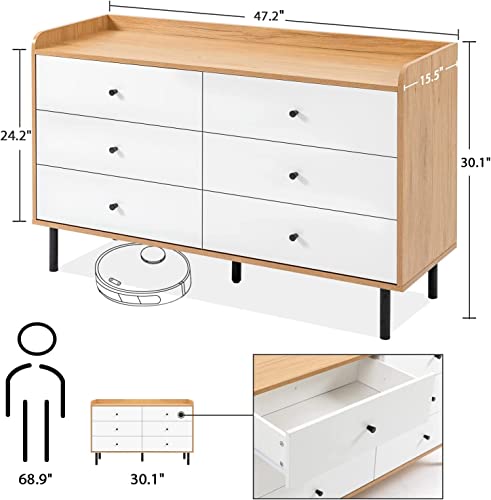 KFO Dresser for Bedroom, 6 Drawer Dresser with Metal Handle, Sturdy Frame Modern Bedroom Furniture, Chest of Drawers, Wood Dresser with Drawers for Living Room, Hallway, Children Room