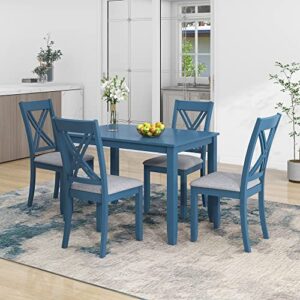 bellemave 5 piece dining table set, kitchen dining table with 4 x-back chairs, wooden dining table and upholstered chair set, farmhouse dining room set for 4 persons (blue)