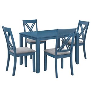 Bellemave 5 Piece Dining Table Set, Kitchen Dining Table with 4 X-Back Chairs, Wooden Dining Table and Upholstered Chair Set, Farmhouse Dining Room Set for 4 Persons (Blue)