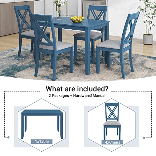 Bellemave 5 Piece Dining Table Set, Kitchen Dining Table with 4 X-Back Chairs, Wooden Dining Table and Upholstered Chair Set, Farmhouse Dining Room Set for 4 Persons (Blue)