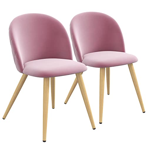 Fangflower Accent Living Room Chairs - Pink Velvet Dining Chairs Set of 2, Vanity Armless Chair for Makeup Room, Bedrooms, Kitchen, Upholstered Side Chairs with Wooden-Like Legs