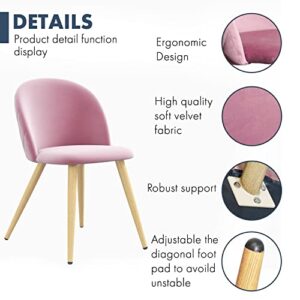Fangflower Accent Living Room Chairs - Pink Velvet Dining Chairs Set of 2, Vanity Armless Chair for Makeup Room, Bedrooms, Kitchen, Upholstered Side Chairs with Wooden-Like Legs