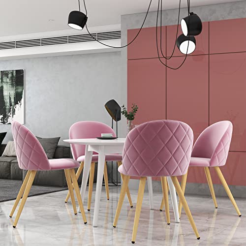 Fangflower Accent Living Room Chairs - Pink Velvet Dining Chairs Set of 2, Vanity Armless Chair for Makeup Room, Bedrooms, Kitchen, Upholstered Side Chairs with Wooden-Like Legs