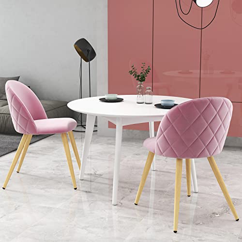 Fangflower Accent Living Room Chairs - Pink Velvet Dining Chairs Set of 2, Vanity Armless Chair for Makeup Room, Bedrooms, Kitchen, Upholstered Side Chairs with Wooden-Like Legs