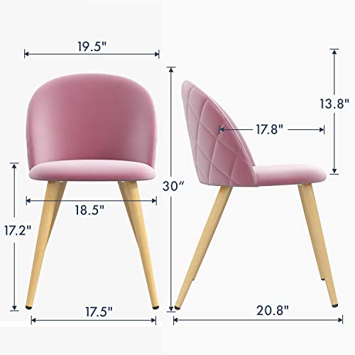 Fangflower Accent Living Room Chairs - Pink Velvet Dining Chairs Set of 2, Vanity Armless Chair for Makeup Room, Bedrooms, Kitchen, Upholstered Side Chairs with Wooden-Like Legs