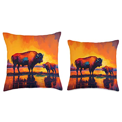 Buffalo Bison Watercolor Art Paint Buffalo Shirt American Bison Western Watercolor Throw Pillow, 18x18, Multicolor