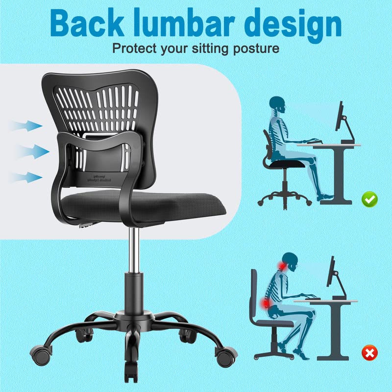 PALONE Home Office Chair Ergonomic Desk Chair Mesh Computer Adjustable Height Seat 360° Swivel Gaming Armless Chair Task with 5 Rolling Castors Upholstered Comfy Office Chair No Arms(Black)