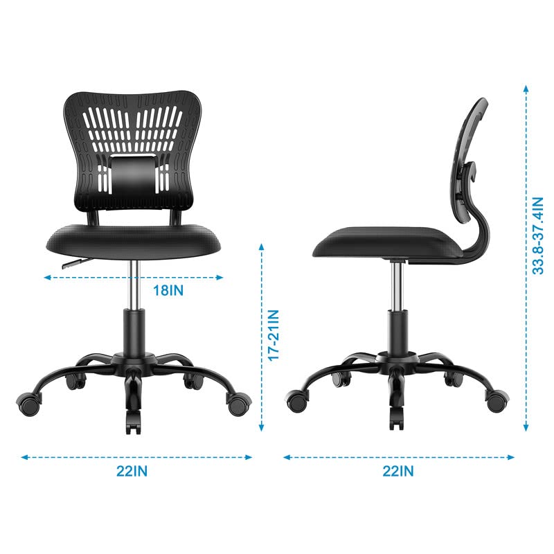 PALONE Home Office Chair Ergonomic Desk Chair Mesh Computer Adjustable Height Seat 360° Swivel Gaming Armless Chair Task with 5 Rolling Castors Upholstered Comfy Office Chair No Arms(Black)