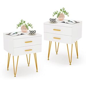 little tree 2-drawer nightstand set of 2, white and gold bed side table with metal legs for bedroom