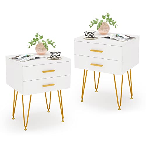 LITTLE TREE 2-Drawer Nightstand Set of 2, White and Gold Bed Side Table with Metal Legs for Bedroom