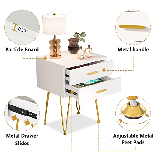 LITTLE TREE 2-Drawer Nightstand Set of 2, White and Gold Bed Side Table with Metal Legs for Bedroom