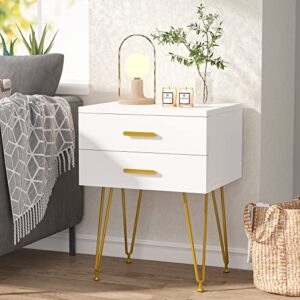 LITTLE TREE 2-Drawer Nightstand Set of 2, White and Gold Bed Side Table with Metal Legs for Bedroom