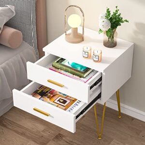 LITTLE TREE 2-Drawer Nightstand Set of 2, White and Gold Bed Side Table with Metal Legs for Bedroom