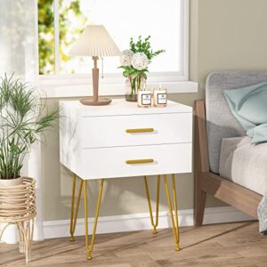 LITTLE TREE 2-Drawer Nightstand Set of 2, White and Gold Bed Side Table with Metal Legs for Bedroom