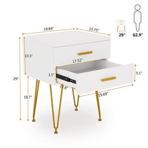 LITTLE TREE 2-Drawer Nightstand Set of 2, White and Gold Bed Side Table with Metal Legs for Bedroom