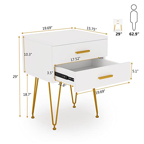 LITTLE TREE 2-Drawer Nightstand Set of 2, White and Gold Bed Side Table with Metal Legs for Bedroom