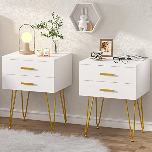 LITTLE TREE 2-Drawer Nightstand Set of 2, White and Gold Bed Side Table with Metal Legs for Bedroom