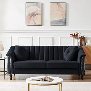 modern velvet upholstered sofa,72 inch 3 seater tufted back,rivet arms, 2 pillows,solid wood legs, living room sofa bed,compact living space,apartment, bonus room,loveseat sofa (black)…