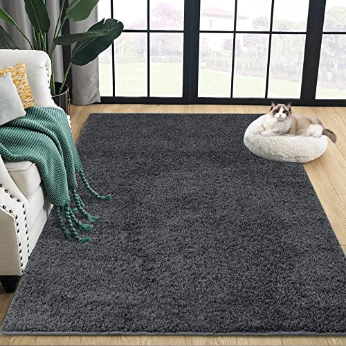 Fashionwu Area Rugs 8 x 10 Shaggy Rug for Bedroom Non-Shedding Fluffy Shag Area Rug Soft Plush Rug Luxury High Pile Fluffy Shag Rugs for Bedroom Cozy Carpet for Kids Room Nursery Room, Dark Grey