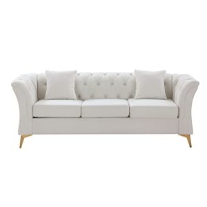 homsof sofa beige modern chesterfield curved 3 seat button tufed velvet couch with scroll arms and gold metal legs