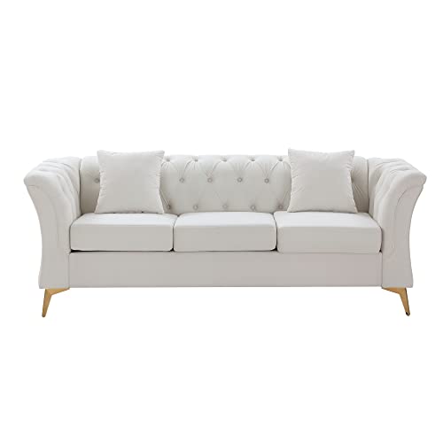 HomSof Sofa Beige Modern Chesterfield Curved 3 Seat Button Tufed Velvet Couch with Scroll Arms and Gold Metal Legs