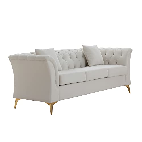 HomSof Sofa Beige Modern Chesterfield Curved 3 Seat Button Tufed Velvet Couch with Scroll Arms and Gold Metal Legs