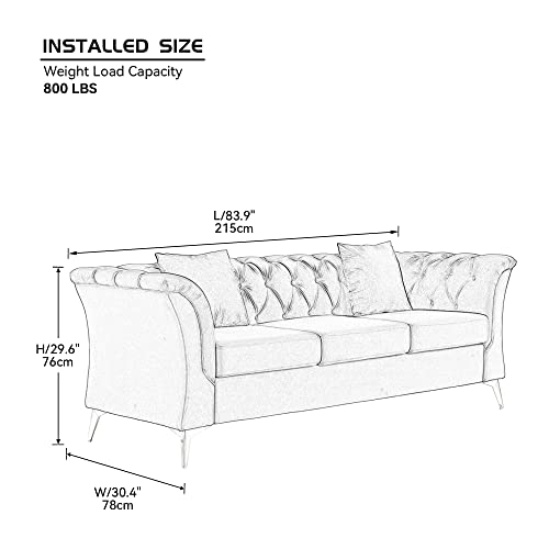 HomSof Sofa Beige Modern Chesterfield Curved 3 Seat Button Tufed Velvet Couch with Scroll Arms and Gold Metal Legs