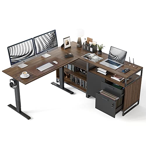 FEZIBO 66 Inch Executive L Shaped Standing Desk with 2-Drawer File Cabinet, Electric Height Adjustable Stand up Desk, Home Office Modern Wood Computer Desk with Shelves, Black Frame/Dark Walnut Top