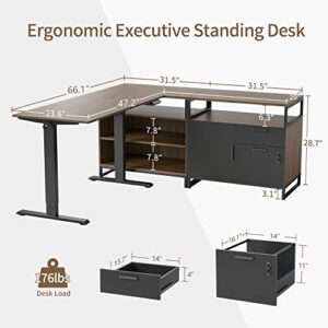 FEZIBO 66 Inch Executive L Shaped Standing Desk with 2-Drawer File Cabinet, Electric Height Adjustable Stand up Desk, Home Office Modern Wood Computer Desk with Shelves, Black Frame/Dark Walnut Top